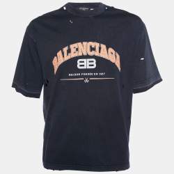 Pre Owned Balenciaga Black Maison printed Cotton Knit Distressed T-Shirt XS