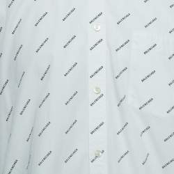 Pre Owned Balenciaga White All-Over Logo Printed Cotton Button Down Shirt M
