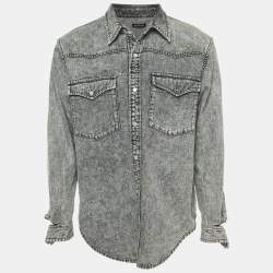 Balenciaga Grey Washed Denim Button Front Ripped Cuff Shirt L