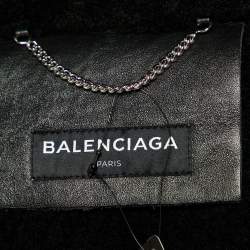 Pre Owned Balenciaga Black Texture Leather & Logo Shearling Jacket XL