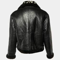 Pre Owned Balenciaga Black Texture Leather & Logo Shearling Jacket XL