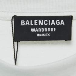 Pre Owned Balenciaga White Logo Embroidered Cotton Half Sleeve T-Shirt M