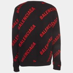 Balenciaga Black/Red Logo Intarsia Knit Crew Neck Sweater L 