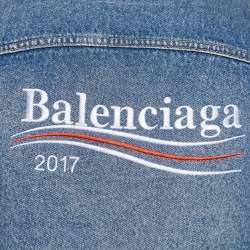 Pre Owned Balenciaga Blue Distressed Demin Logo Embroidered Jacket XXL