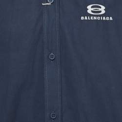 Pre Owned Balenciaga Navy Blue Embroidered Cotton Over Sized Shirt S