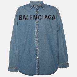 Pre Owned Balenciaga Blue Denim Logo Embroidered Oversized Shirt M