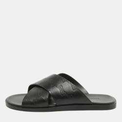 Balenciaga Black Logo Embossed Leather Slides Size 42