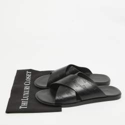 Balenciaga Black Logo Embossed Leather Slides Size 42