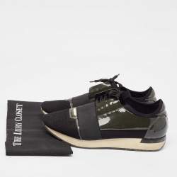 Pre Owned Balenciaga Green/Black Mesh and Patent Leather Race Runner Lace Up Sneakers Size 43