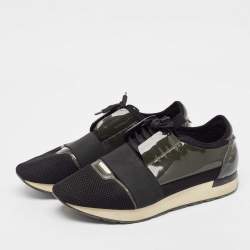 Pre Owned Balenciaga Green/Black Mesh and Patent Leather Race Runner Lace Up Sneakers Size 43