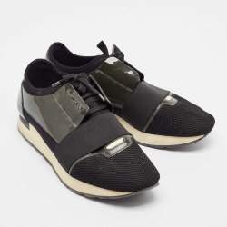 Pre Owned Balenciaga Green/Black Mesh and Patent Leather Race Runner Lace Up Sneakers Size 43