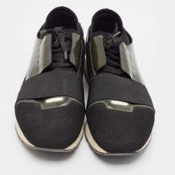 Pre Owned Balenciaga Green/Black Mesh and Patent Leather Race Runner Lace Up Sneakers Size 43