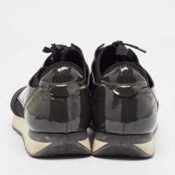 Pre Owned Balenciaga Green/Black Mesh and Patent Leather Race Runner Lace Up Sneakers Size 43