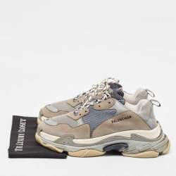 Pre Owned Balenciaga Grey/Blue Leather and Mesh Triple S Sneakers Size 45
