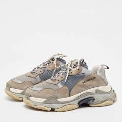 Pre Owned Balenciaga Grey/Blue Leather and Mesh Triple S Sneakers Size 45