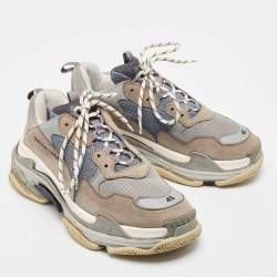 Pre Owned Balenciaga Grey/Blue Leather and Mesh Triple S Sneakers Size 45