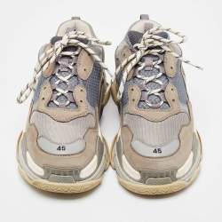 Pre Owned Balenciaga Grey/Blue Leather and Mesh Triple S Sneakers Size 45