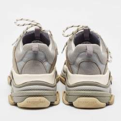 Pre Owned Balenciaga Grey/Blue Leather and Mesh Triple S Sneakers Size 45