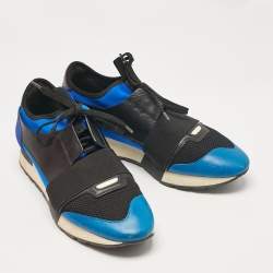 Balenciaga Blue/Black Leather and Mesh Race Runner Lace Up Sneakers Size 41
