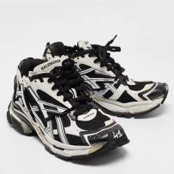 Pre Owned Balenciaga Black/White Faux Leather and Mesh Runner Sneakers Size 41