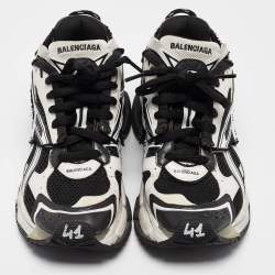 Pre Owned Balenciaga Black/White Faux Leather and Mesh Runner Sneakers Size 41