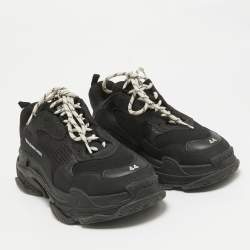 Pre Owned Balenciaga Black Leather and Mesh Triple S Sneakers Size 44