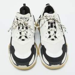 Balenciaga White/Black Mesh and Faux Leather Triple S Sneakers Size 44