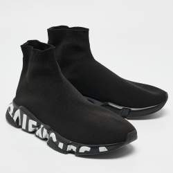 Balenciaga Black Knit Fabric Graffiti Speed Trainer Sneakers Size 42