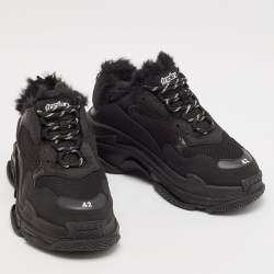 Balenciaga Black Fur and Mesh Triple S Lace Up Sneakers Size 42