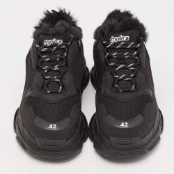Balenciaga Black Fur and Mesh Triple S Lace Up Sneakers Size 42