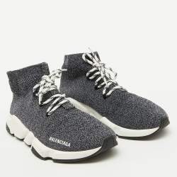 Balenciaga Grey/Black Knit Fabric Speed Trainer High Top Sneakers Size 44