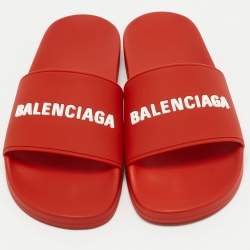 Balenciaga Red Rubber Logo Pool Slides Size 42