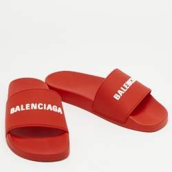 Balenciaga Red Rubber Logo Pool Slides Size 42