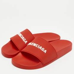 Balenciaga Red Rubber Logo Pool Slides Size 42
