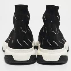 Balenciaga Black/White Knit Fabric Allover Logo Speed Trainer Sneakers Size 44