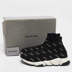 Balenciaga Black/White Knit Fabric Allover Logo Speed Trainer Sneakers Size 44