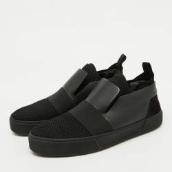 Balenciaga Black Leather and Stretch Knit Slip On Sneakers Size 44