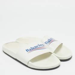 Pre Owned Balenciaga White Leather Political Logo Pool Slides Size 40