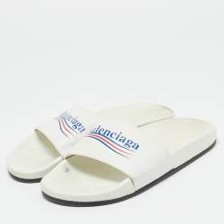 Pre Owned Balenciaga White Leather Political Logo Pool Slides Size 40