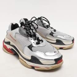 Balenciaga Grey/Silver Leather and Mesh Triple S Low Top Sneakers Size 45