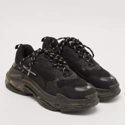 Balenciaga Black Faux Leather and Mesh Triple S Low Top Sneakers Size 45