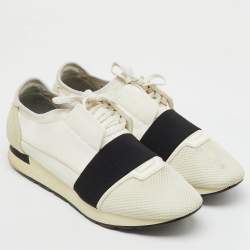 Balenciaga White/Black Leather, Neoprene and Mesh Race Runner Sneakers Size 44