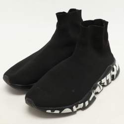 Pre Owned Balenciaga Black Knit Fabric Graffiti Speed Trainer Sneakers Size 41