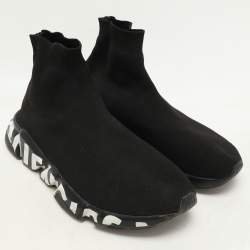 Pre Owned Balenciaga Black Knit Fabric Graffiti Speed Trainer Sneakers Size 41