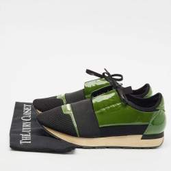 Balenciaga Black/Green Patent Leather and Mesh Race Runner Sneakers Size 41