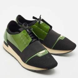 Balenciaga Black/Green Patent Leather and Mesh Race Runner Sneakers Size 41