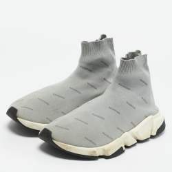 Balenciaga Light Grey Knit Fabric Allover Logo Speed Trainer Slip On Sneakers Size 42
