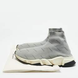 Balenciaga Light Grey Knit Fabric Allover Logo Speed Trainer Slip On Sneakers Size 42