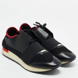 Pre Owned Balenciaga Black/Red Leather and Mesh Race Runner Low Top Sneakers Size 42