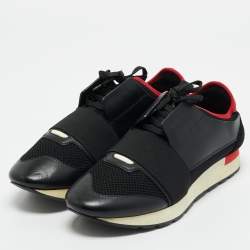 Pre Owned Balenciaga Black/Red Leather and Mesh Race Runner Low Top Sneakers Size 42